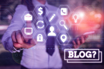 Writing note showing Blogquestion. Business concept for regularly updated website web page run by individual