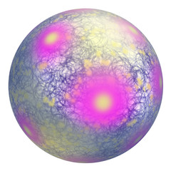 Isolated color ball on a white background. On the surface are blurry pink, yellow spots and blue scribbles.
