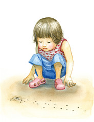 A little girl observing a line of ants