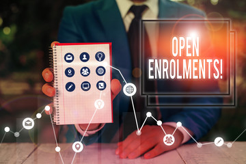 Writing note showing Open Enrolments. Business concept for when employees may make changes to...