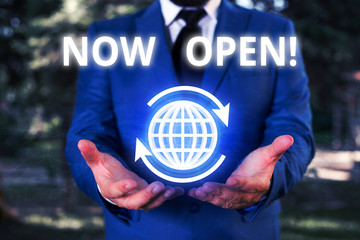 Conceptual hand writing showing Now Open. Concept meaning leave door or windows not closed or...