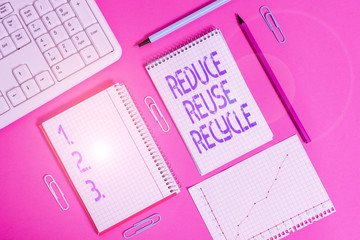 Handwriting text writing Reduce Reuse Recycle. Conceptual photo environmentallyresponsible consumer behavior Writing equipments and computer stuffs placed above colored plain table