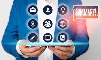 Text sign showing Summary. Business photo text a brief statement or account of the main points of...
