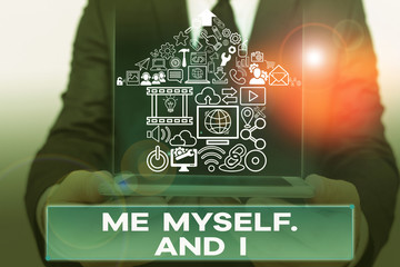 Text sign showing Me Myself And I. Business photo showcasing used by speaker to refer to herself as...