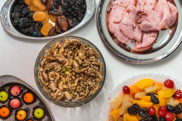 Christmas nuts, dried fruits apricot, sweets, cold meats Brazil