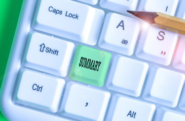 Word writing text Summary. Business photo showcasing a brief statement or account of the main...