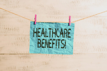 Text sign showing Healthcare Benefits. Business photo text monthly fair market valueprovided to Employee dependents Clothesline clothespin rectangle shaped paper reminder white wood desk