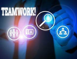 Conceptual hand writing showing Teamwork. Concept meaning combined action of group especially when effective and efficient