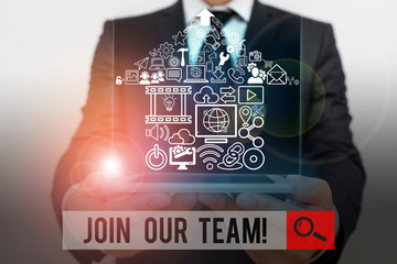 Conceptual hand writing showing Join Our Team. Concept meaning invite someone to work together for...