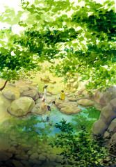 Children playing in a summer river