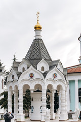 Golden cross of the Christian temple. Top of Orthodox church building