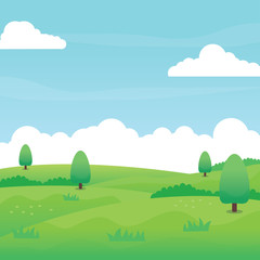 Nature landscape vector with green field, grass, trees, blue sky and clouds suitable for background or illustration 