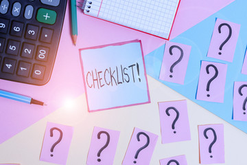 Conceptual hand writing showing Checklist. Concept meaning list items required things be done or points considered Mathematics stuff and writing equipment on pastel background