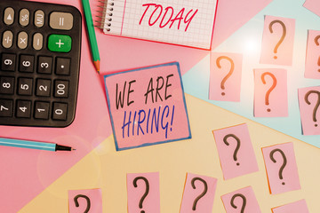 Word writing text We Are Hiring. Business photo showcasing recently you employ someone or pay someone to do particular job Mathematics stuff and writing equipment above pastel colours background