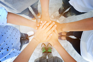 seven hand up of people working assemble corporate meeting show symbol Join forces teamwork quality and effective personnel Concept organizational development in teamwork and business