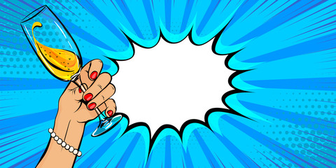 White woman hand hold glass of champagne in pop art style © Kapitosh