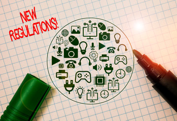 Conceptual hand writing showing New Regulations. Concept meaning rules made government order...