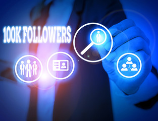 Conceptual hand writing showing 100K Followers. Concept meaning number of individuals who follows someone in Instagram