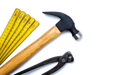 Top view of carpenter's tools on white background. Construction industry, do it yourself. Text space.