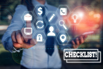 Writing note showing Checklist. Business concept for list items required things be done or points considered