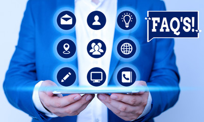 Text sign showing Faq. Business photo text a list of questions and answers relating to a particular subject