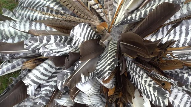 Bottom To Top Pan Of Native American Indian First Nations Feather Head Dress