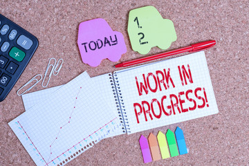 Conceptual hand writing showing Work In Progress. Concept meaning unfinished project that still...