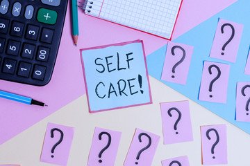 Conceptual hand writing showing Self Care. Concept meaning the practice of taking action to improve one s is own health Mathematics stuff and writing equipment on pastel background