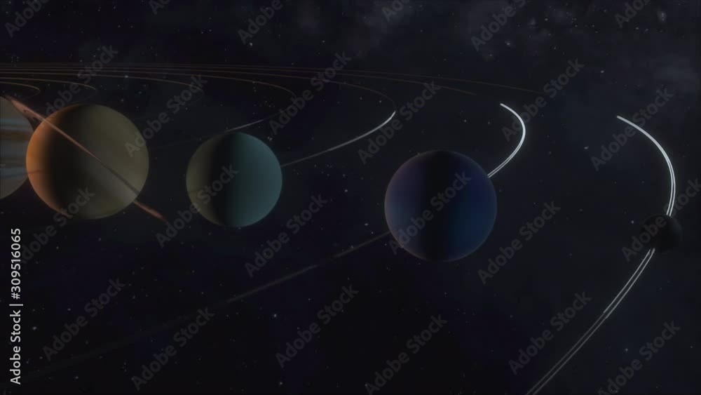 Poster 3d rendering of cosmic background. model of the orbital motion of planets in the solar system, compu