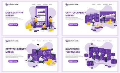Set of web page design templates for block chain technology and Cryptocurrency concept. Can use for web banner, poster, infographics, landing page, web template. Flat vector illustration