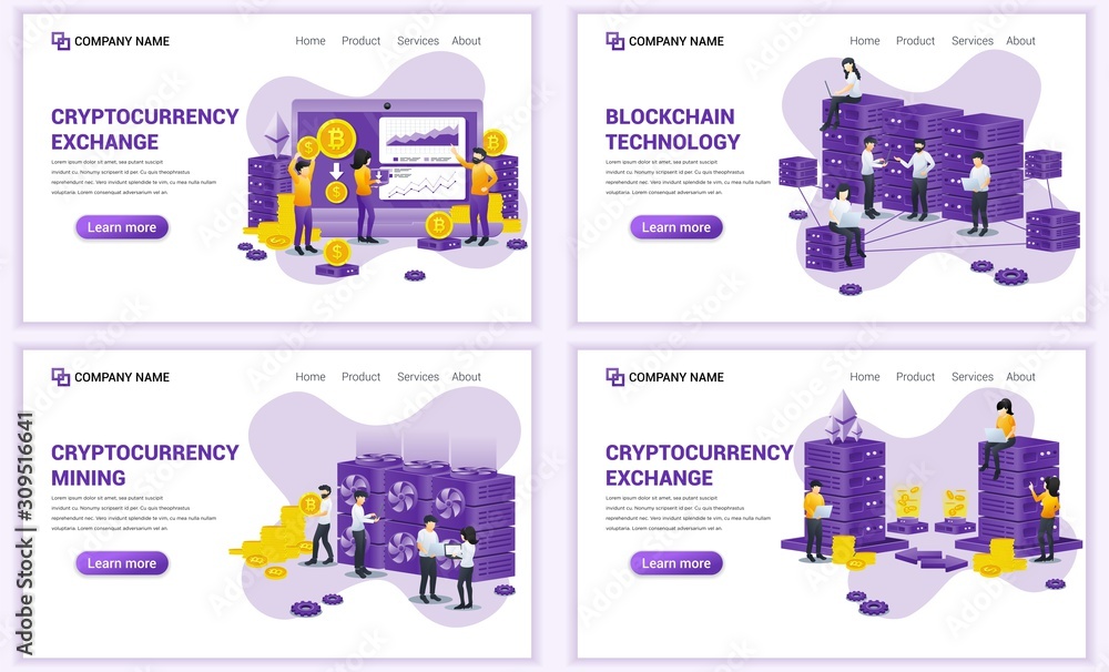 Poster set of web page design templates for block chain technology and cryptocurrency concept. can use for 