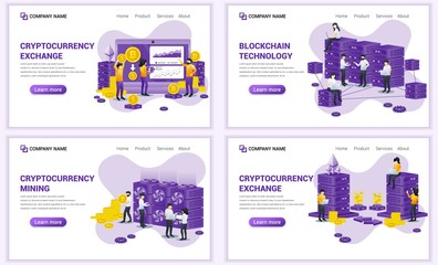 Set of web page design templates for block chain technology and Cryptocurrency concept. Can use for web banner, poster, infographics, landing page, web template. Flat vector illustration