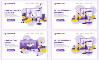 Set of web page design templates for block chain technology and Cryptocurrency concept. Can use for web banner, poster, infographics, landing page, web template. Flat vector illustration