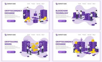 Obraz na płótnie Canvas Set of web page design templates for block chain technology and Cryptocurrency concept. Can use for web banner, poster, infographics, landing page, web template. Flat vector illustration