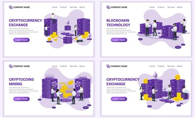 Set of web page design templates for block chain technology and Cryptocurrency concept. Can use for web banner, poster, infographics, landing page, web template. Flat vector illustration