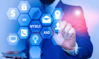 Word writing text Me Myself And I. Business photo showcasing used by speaker to refer to herself as the object of a verb