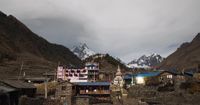 Time lapse of cloudy night in Lho mountain village with Manaslu in background, Himalayas, Nepal