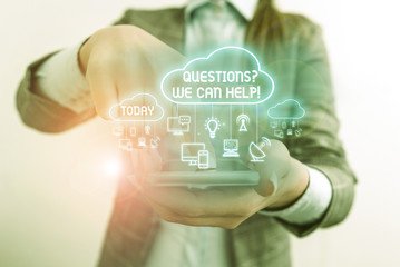 Writing note showing Questionsquestion We Can Help. Business concept for offering help to those who wants to know