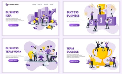Fototapeta premium Set of web page design templates for business, success business and team work. Can use for web banner, poster, infographics, landing page, web template. Flat vector illustration