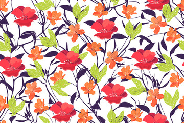 Art floral vector seamless pattern. Spring red, orange flowers isolated on white background. Curly dark purple branches with bright green leaves. Endless pattern for wallpaper, fabric, textiles.