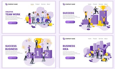 Fototapeta na wymiar Set of web page design templates for business, success business and team work. Can use for web banner, poster, infographics, landing page, web template. Flat vector illustration
