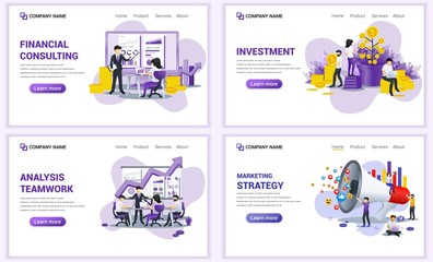 Fototapeta na wymiar Set of web page design templates for marketing strategy, financial investment and consulting. Can use for web banner, poster, infographics, landing page, web template. Flat vector illustration