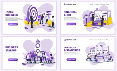 Set of web page design templates for target business, startup, financial audit and statistics. Can use for web banner, poster, infographics, landing page, web template. Flat vector illustration