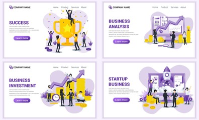 Set of web page design templates for success business, investment, analysis, startup business. Can use for web banner, poster, infographics, landing page, web template. Flat vector illustration