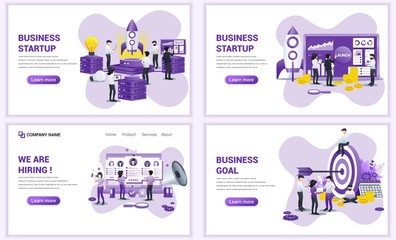 Set of web page design templates for business startup, recruiting and hiring, business goal. Can use for web banner, poster, infographics, landing page, web template. Flat vector illustration