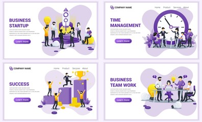 Set of web page design templates for business startup, time management, team work. Can use for web banner, poster, infographics, landing page, web template. Flat vector illustration