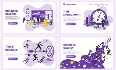 Set of web page design templates for business startup, target business, time management. Can use for web banner, poster, infographics, landing page, web template. Flat vector illustration