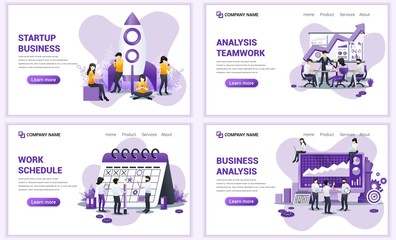 Set of web page design templates for business startup, planning schedule, analysis team work. Can use for web banner, poster, infographics, landing page, web template. Flat vector illustration