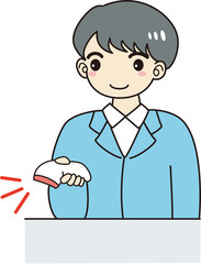 男性　スタッフ　レジ打ち　笑顔　受付　会計　スキャン　リーダー　小売　店舗　さわやか　