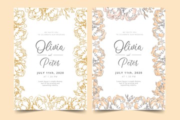 wedding invitation card template with golden flower floral background. Vector illustration.